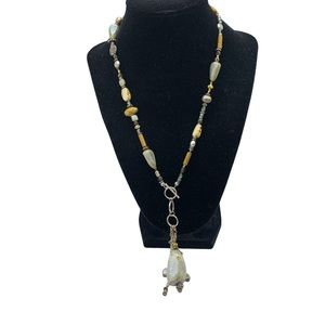 Sterling silver pearl stone boho bohemian tassel pendant necklace toggle front